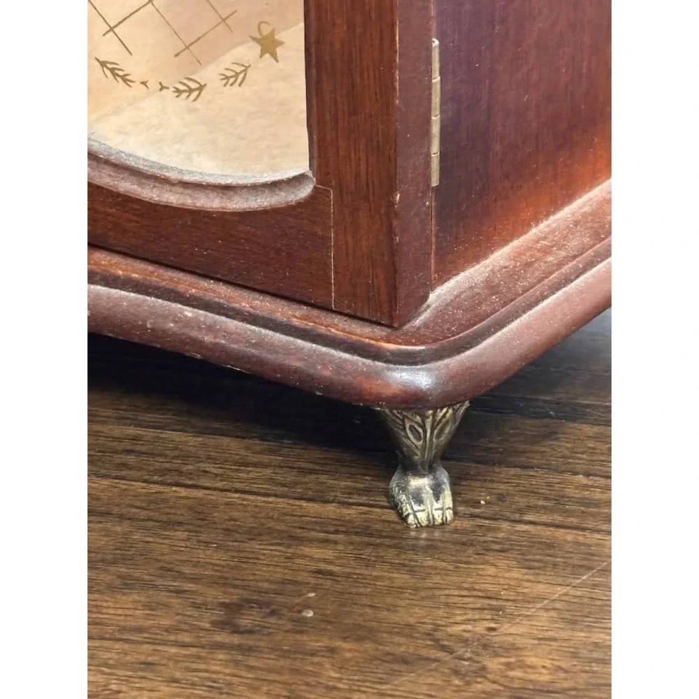 Vintage Wood Jewelry Armoire Glass Etched Doors Rotating Carousel Claw Feet